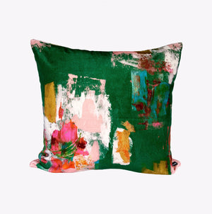 Abstract painterly Velvet Cushion - Bright green