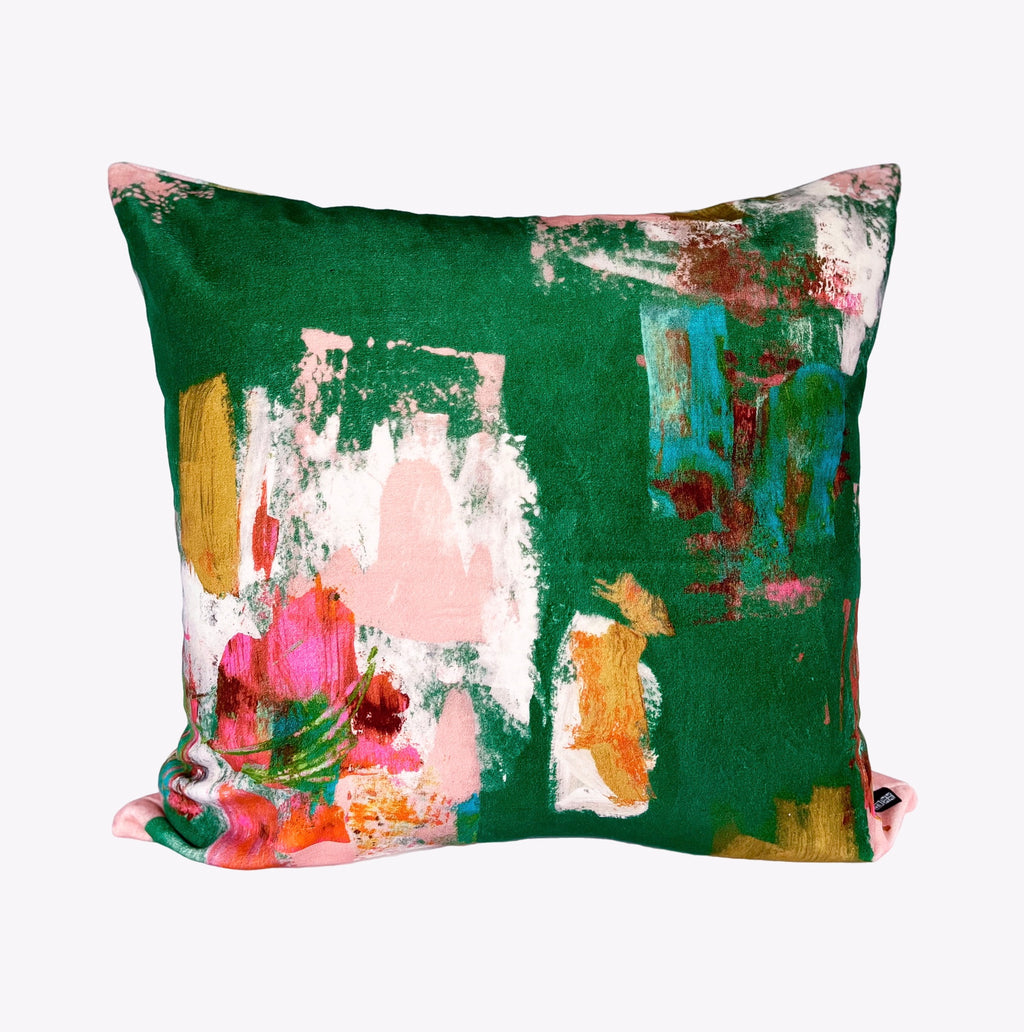 Abstract painterly Velvet Cushion - Bright green