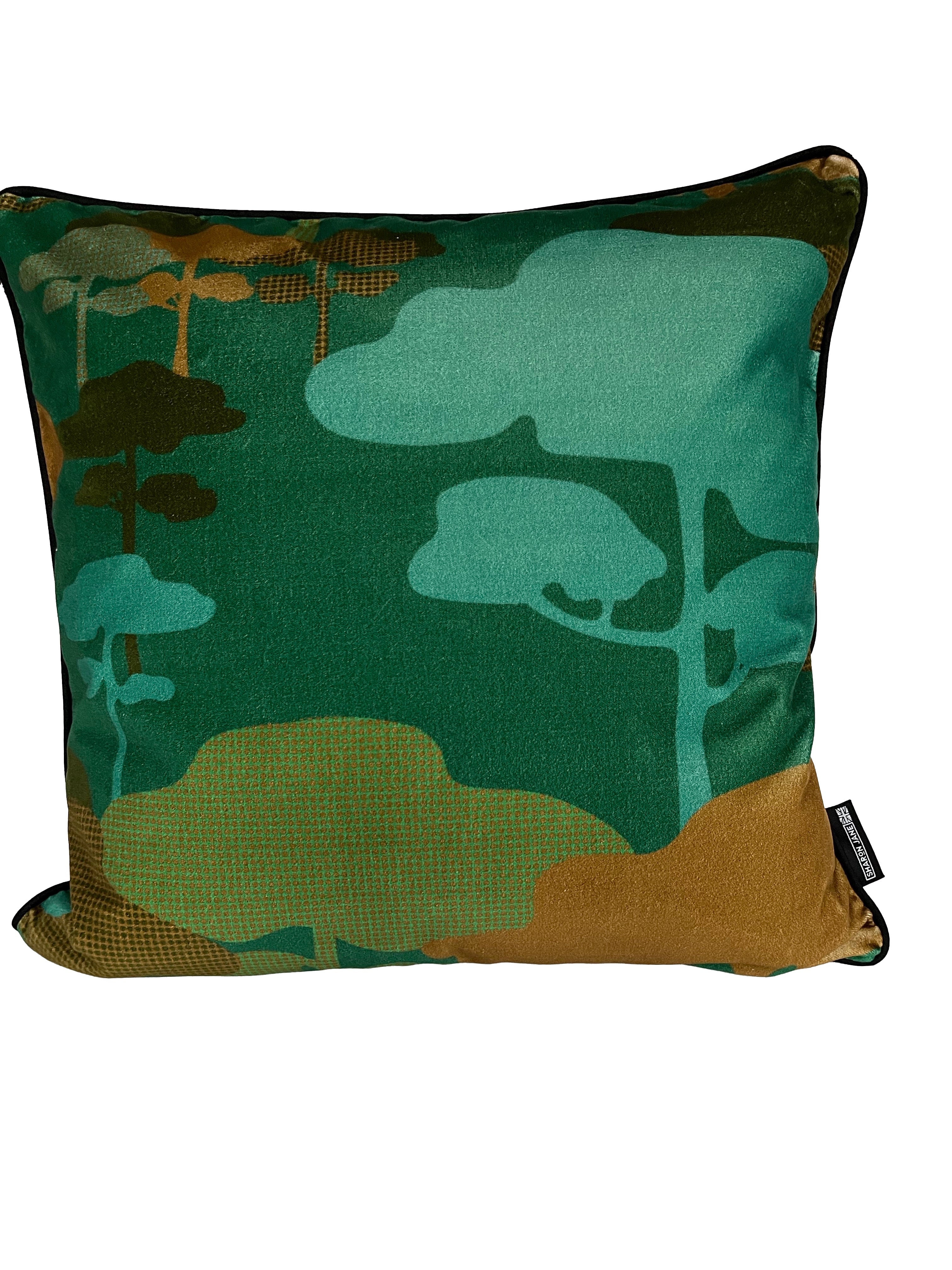 Retro Tree Velvet Cushion - Teal + Turquoise