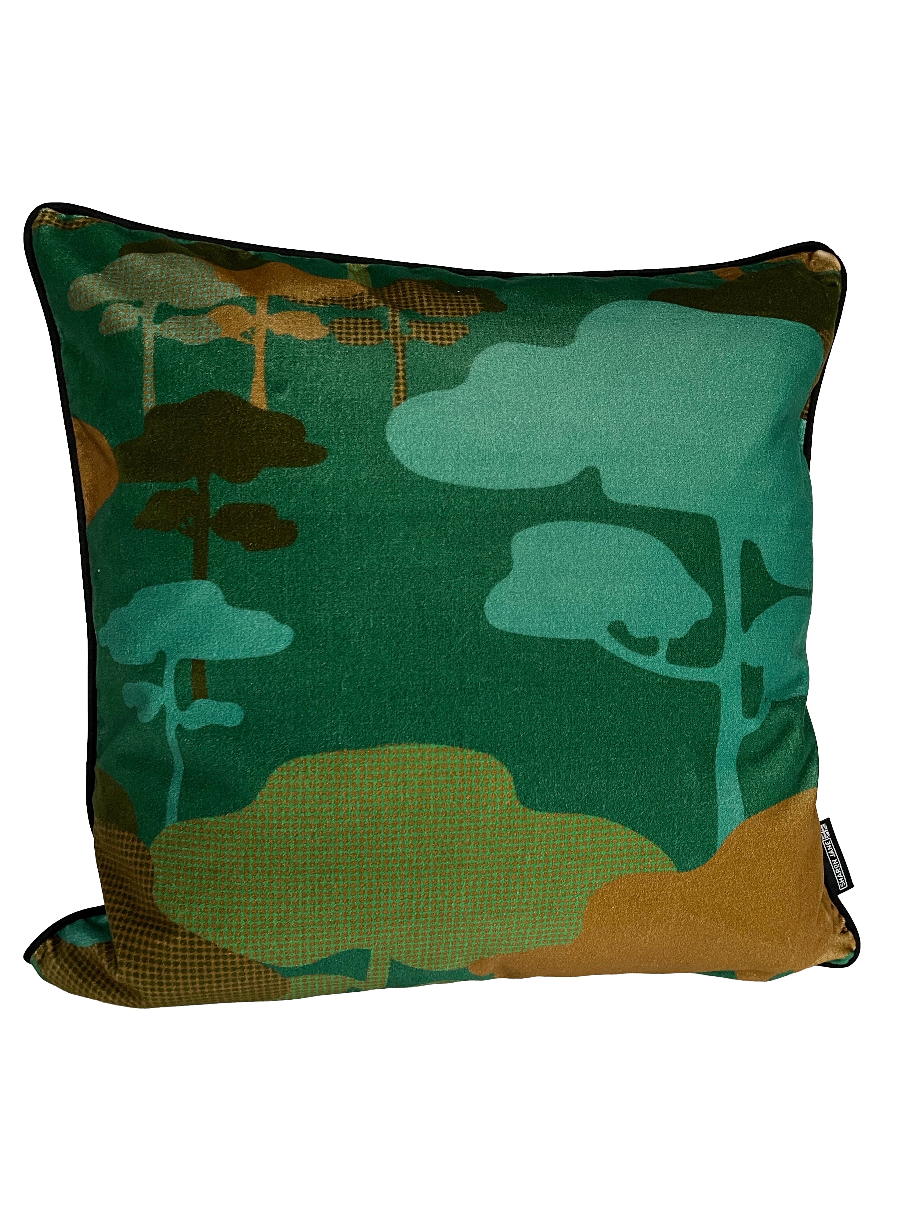 Retro Tree Velvet Cushion - Teal + Turquoise