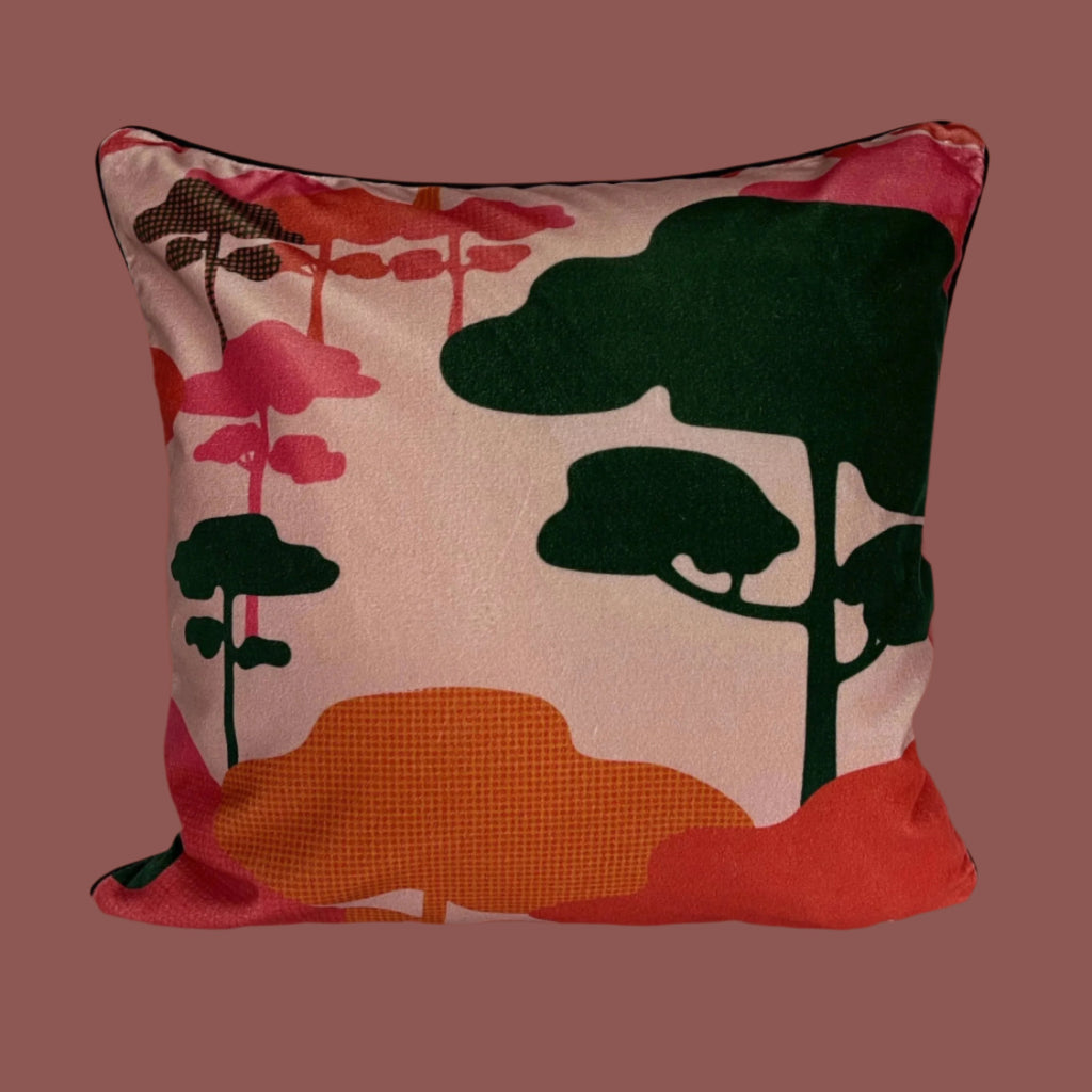 Retro Tree Velvet Cushion - Rose + green