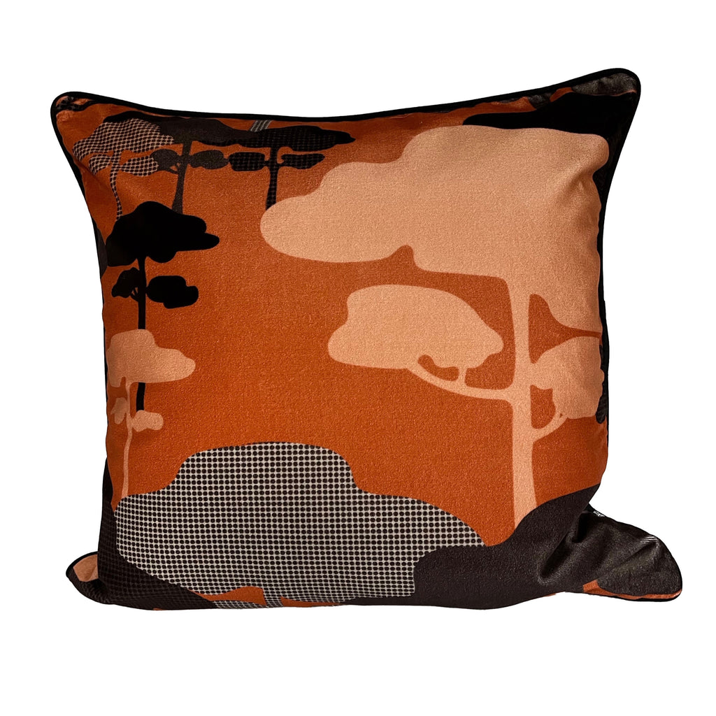 Retro Tree Velvet Cushion - Burnt orange