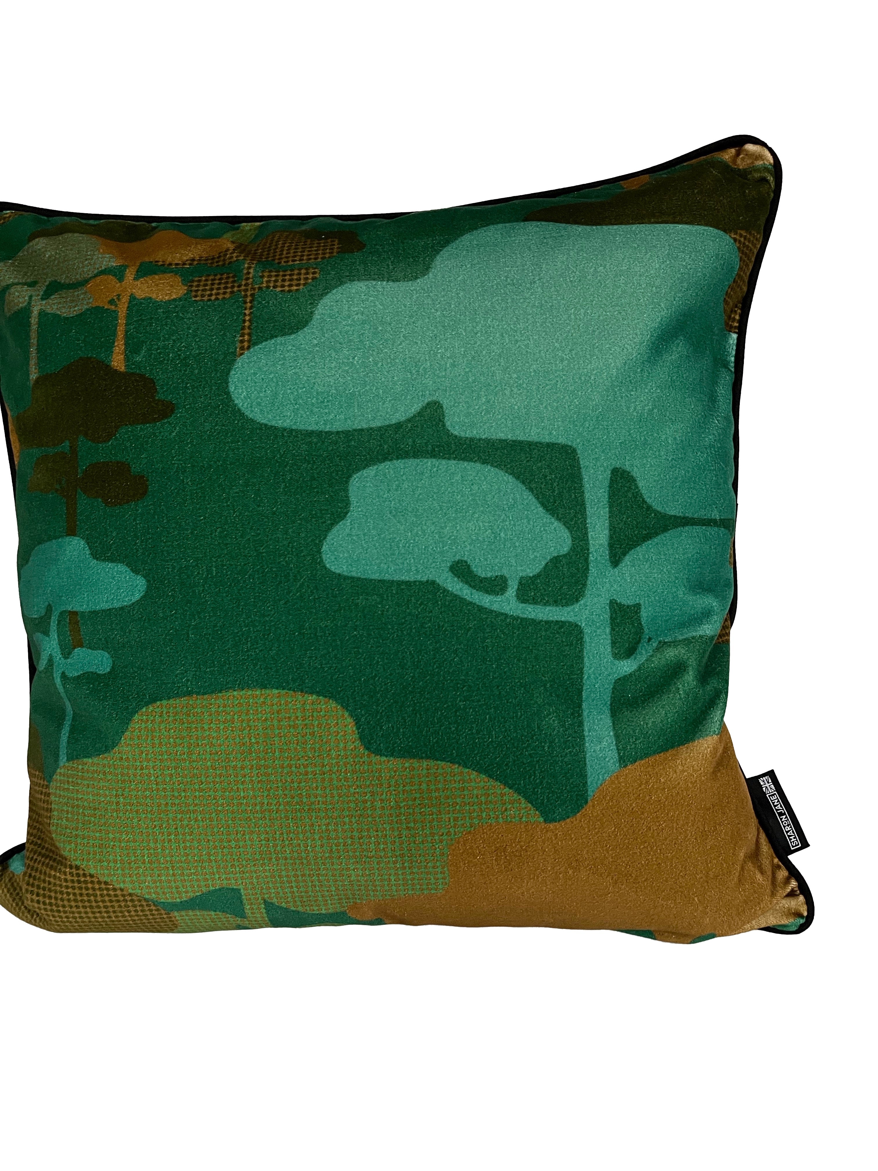 Retro Tree Velvet Cushion - Teal + Turquoise