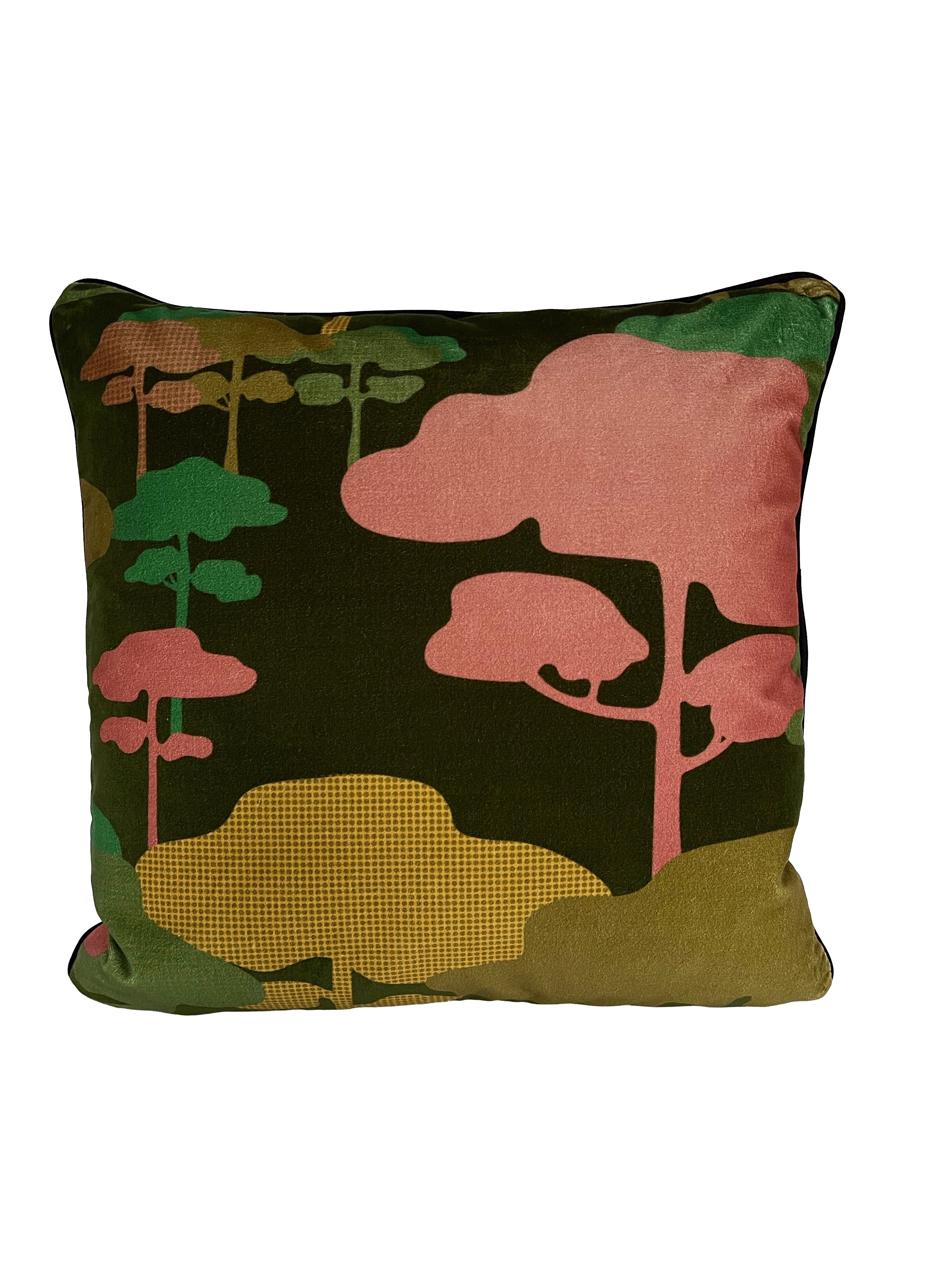 Retro Tree Velvet Cushion - Forest green