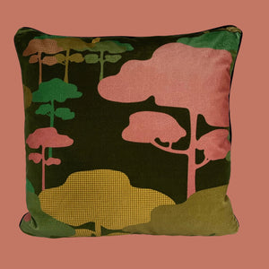 Retro Tree Velvet Cushion - Forest green