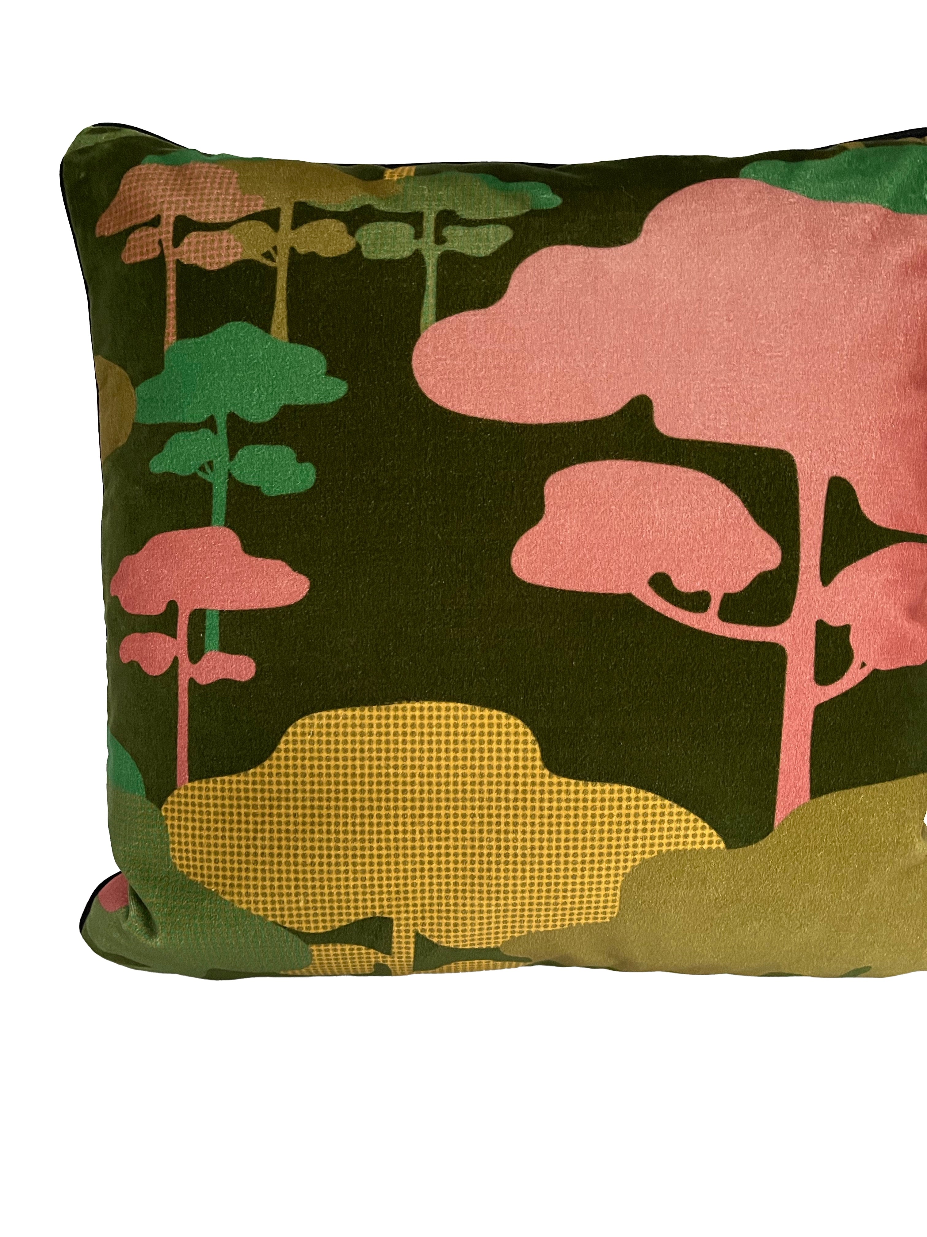 Retro Tree Velvet Cushion - Forest green