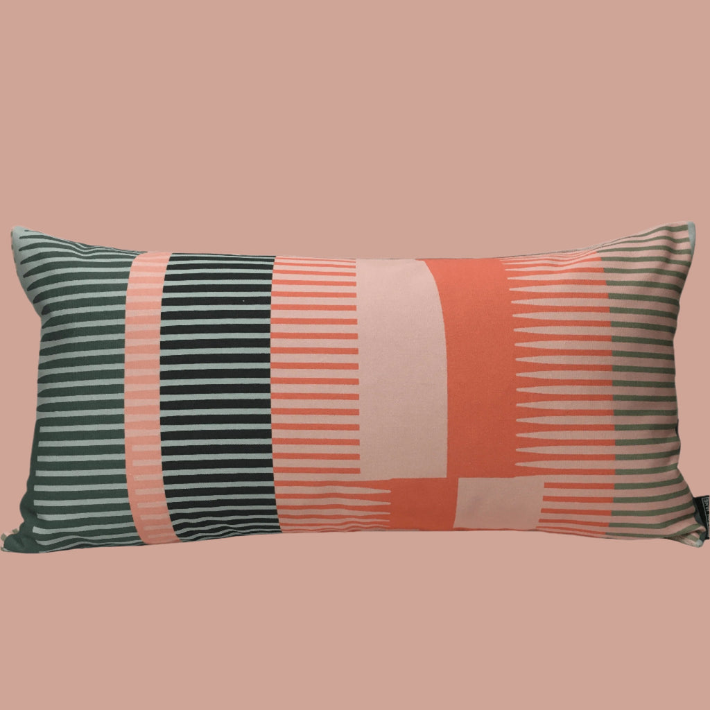 Combed Stripe Cushion - Coral + Blush + Grey