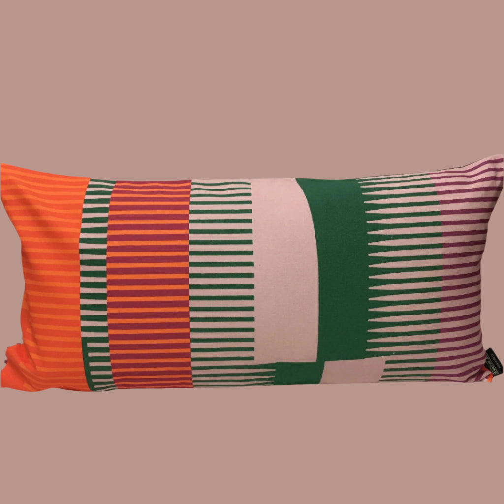 Combed Stripe Cushion - vermilion, green + blush