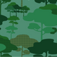 A repeating forest pattern featuring stylized trees and foliage in multiple shades of green, including solid dark green shapes and dotted green patterns on a muted green background.