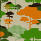 A retro-style forest pattern featuring abstract trees in orange, green, and dark brown on a warm beige background, with some foliage rendered in dotted halftone green.