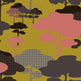 A repeating abstract landscape pattern featuring stylized trees and cloud-like shapes in pink, dark brown, charcoal gray, and a muted olive yellow background.