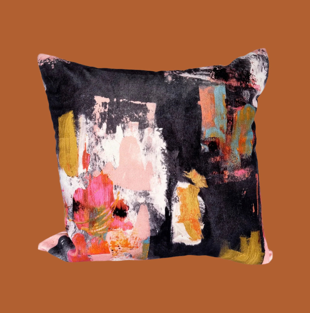 Abstract painterly Velvet Cushion - Black