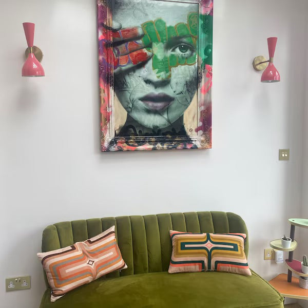 Retro Geometric Velvet Cushion - Bottle + Ochre