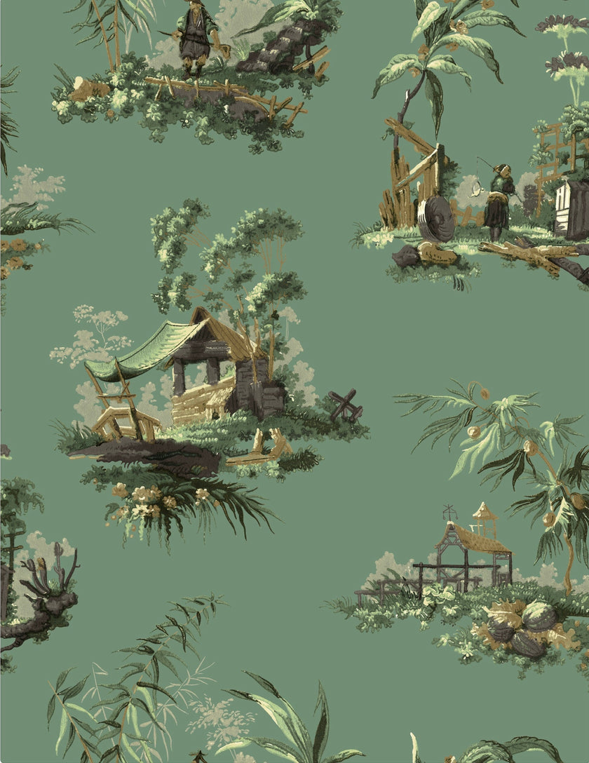 Vintage Oriental Wallpaper - Bright green