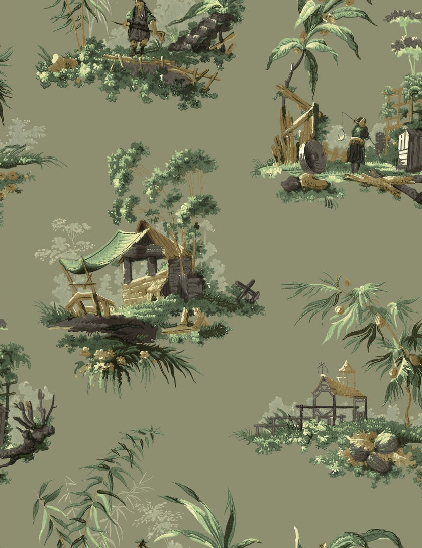 Vintage Oriental Wallpaper - Bright green