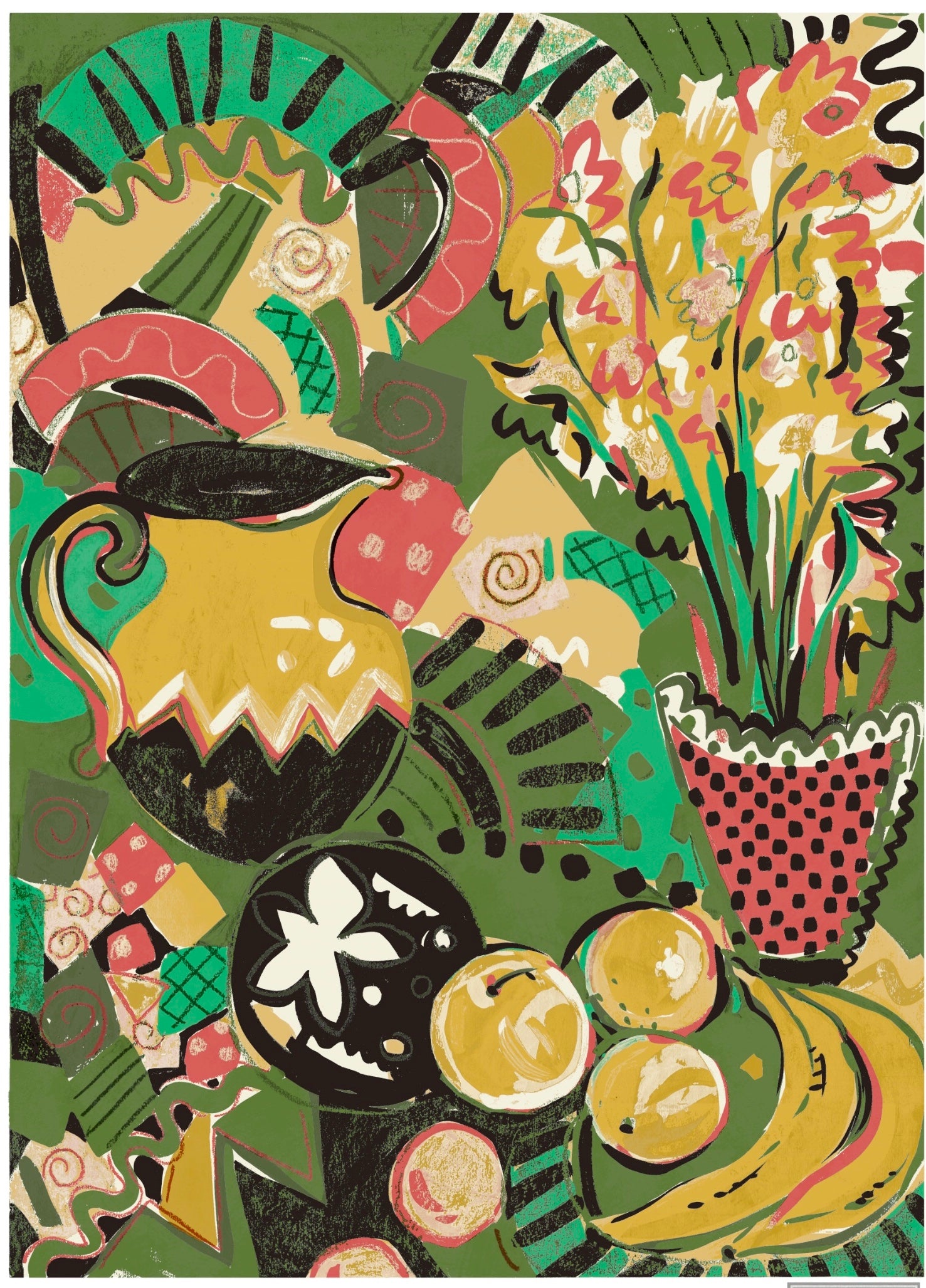 Still life print - Green, yellow + coral