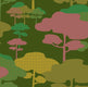 A repeating abstract forest pattern with stylized trees in muted green, olive, dusty pink, and mustard yellow, including halftone dot textures.
