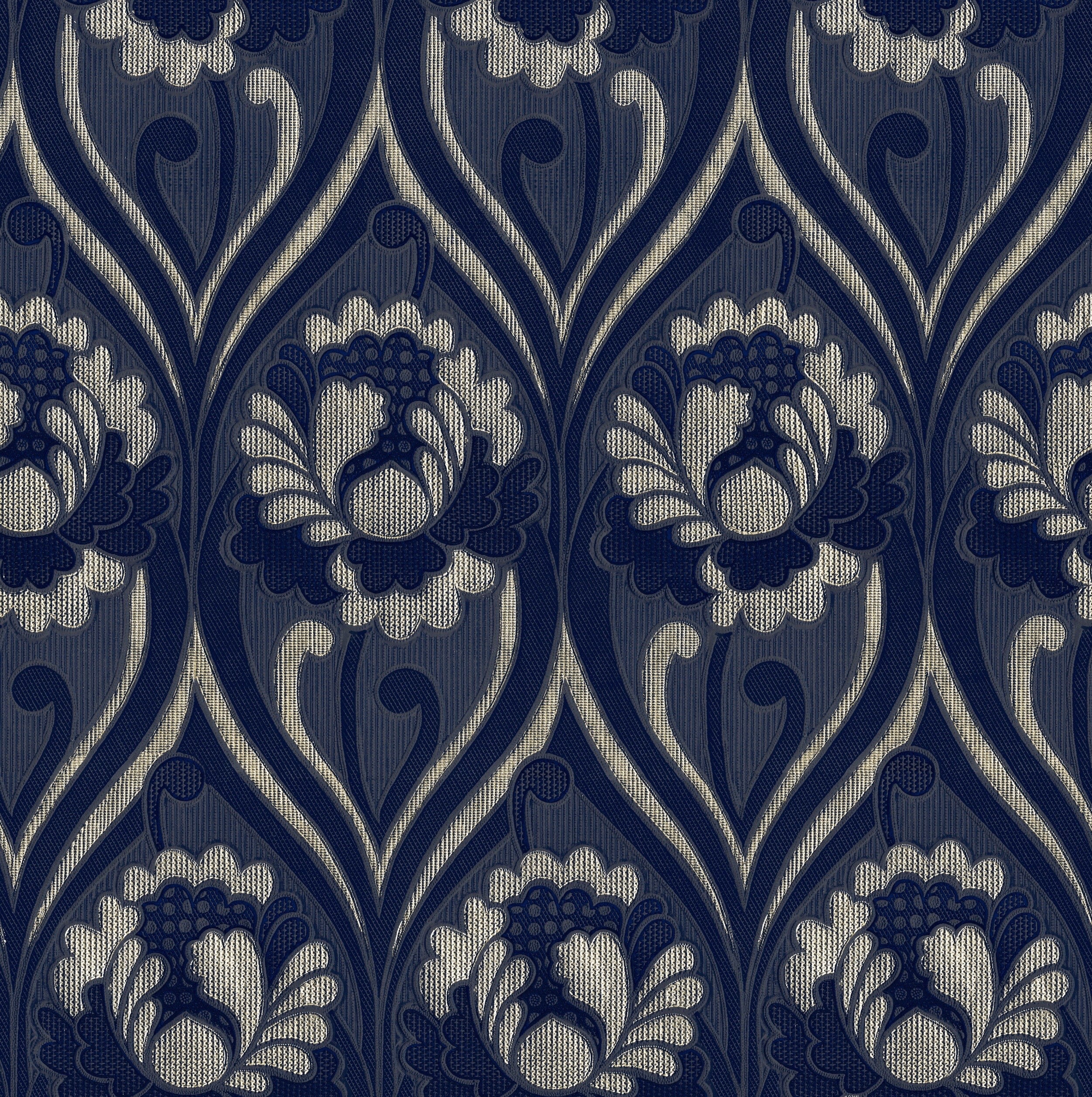 Vintage floral damask Wallpaper - Navy