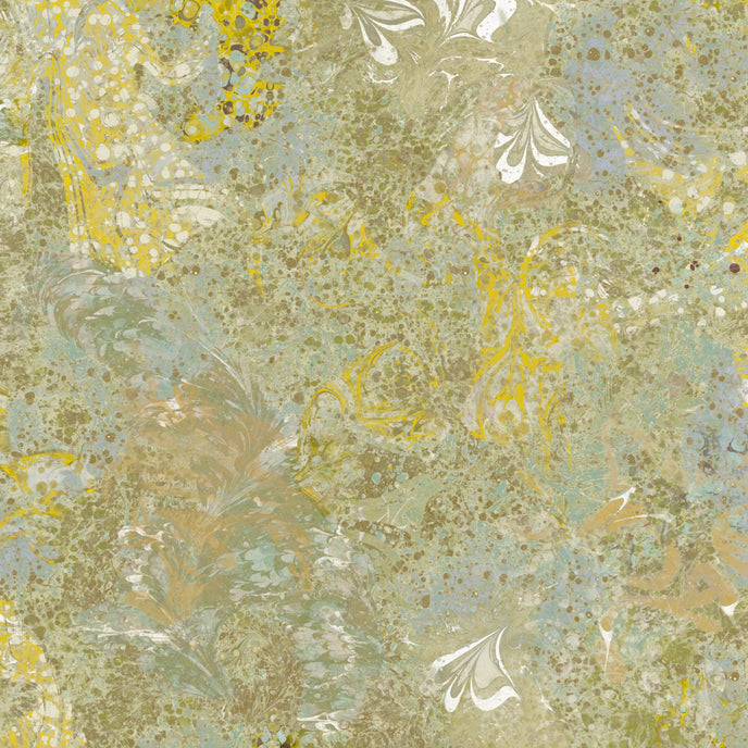 Decorative wallpaper with floral pattern in green and yellow tones