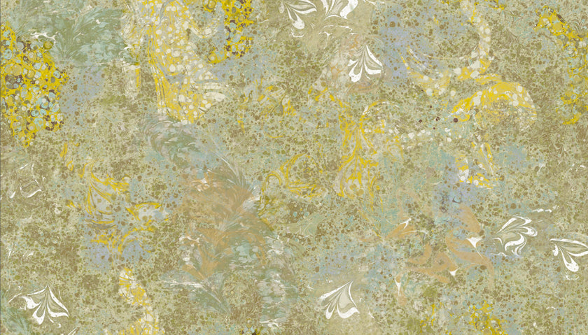 Decorative wallpaper with floral pattern in green and yellow tones