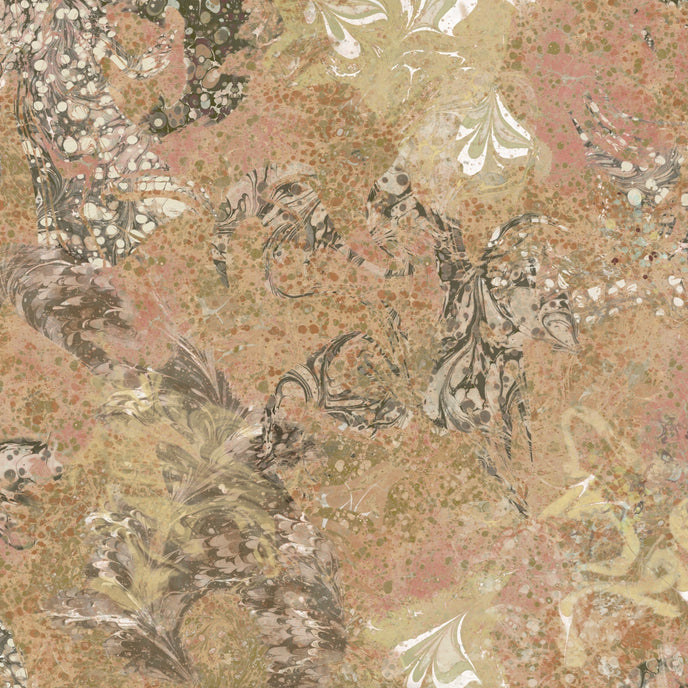 Textured pattern with floral and abstract designs in earthy tones on a beige background