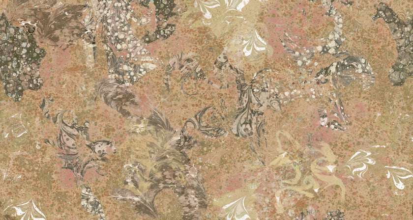 Textured pattern with floral and abstract designs in earthy tones on a beige background