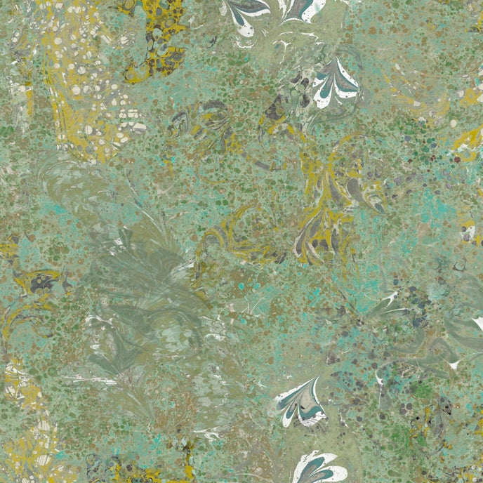 Textured green surface with floral patterns and metallic accents
