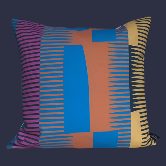 Square Combed Stripe Cushion - Terracotta,  BLue + yellow