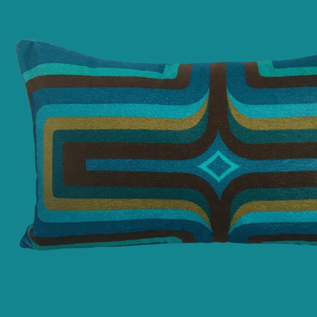 Retro Geometric Velvet Cushion - Turquoise  + Olive