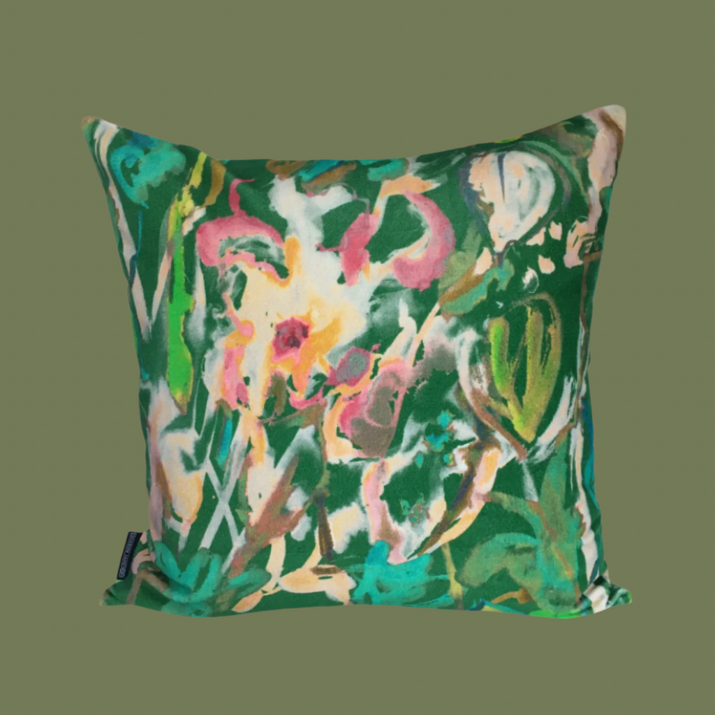 Watercolour Floral Velvet Cushion - Green