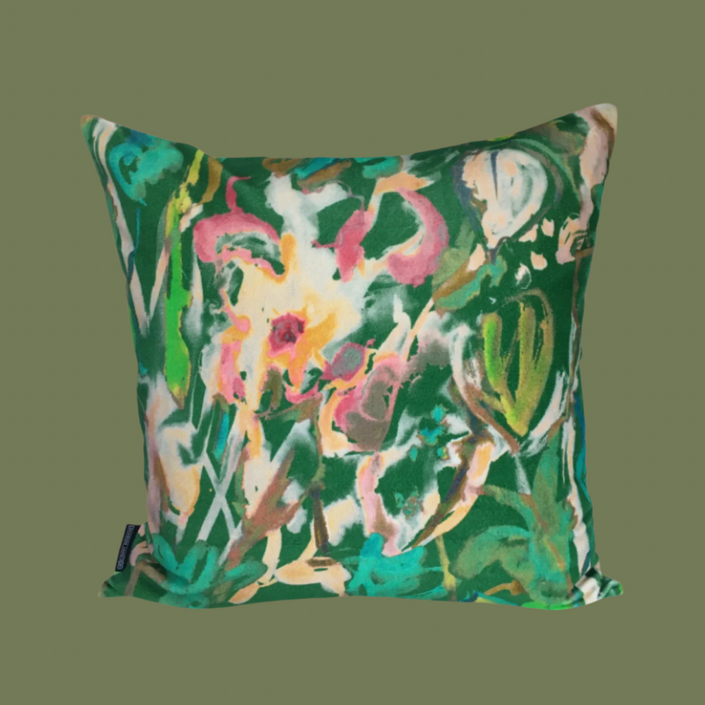 Abstract Floral Velvet Cushion - Green