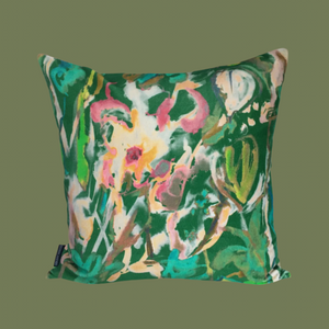 Watercolour Floral Velvet Cushion - Green