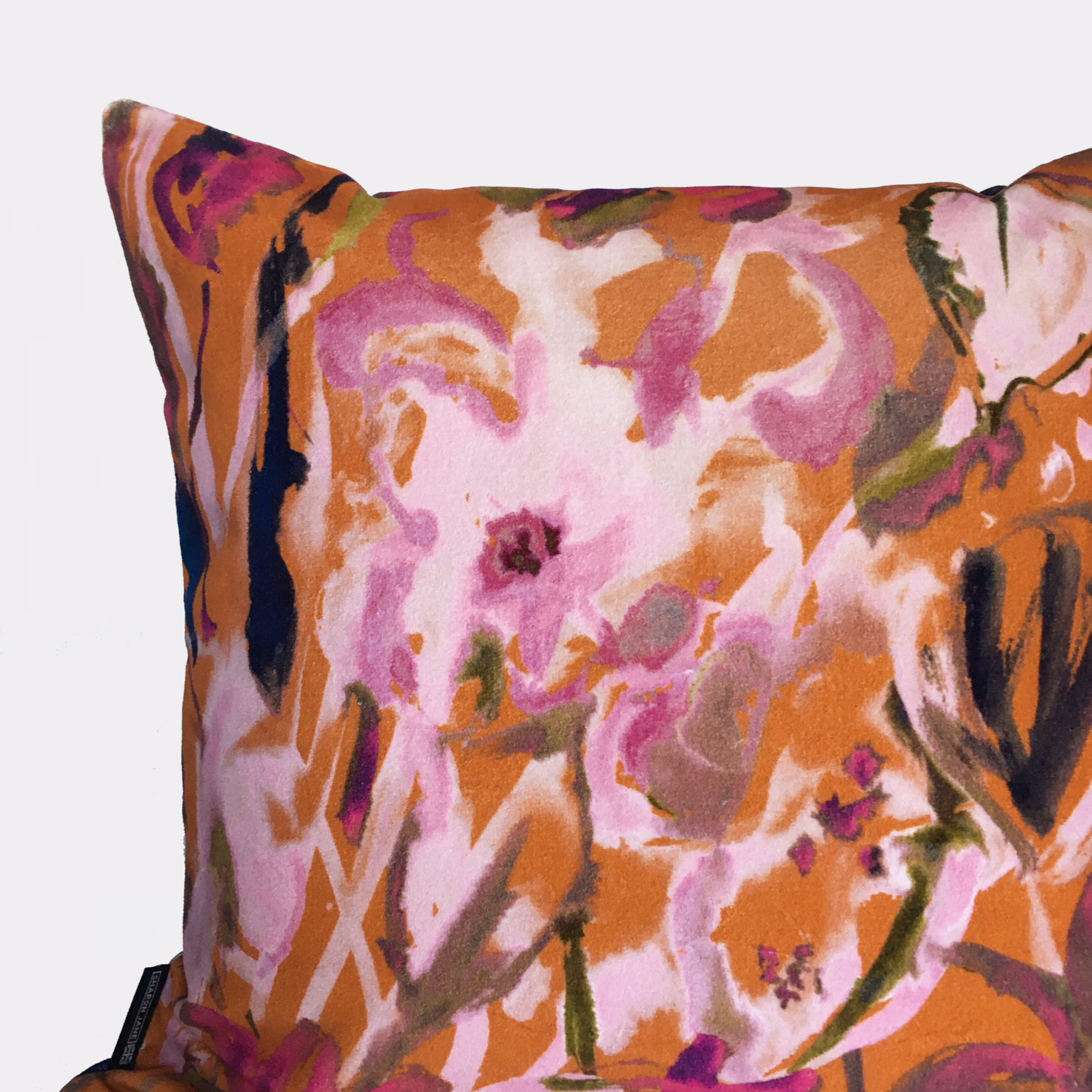 Abstract Floral Velvet Cushion - Burnt Orange
