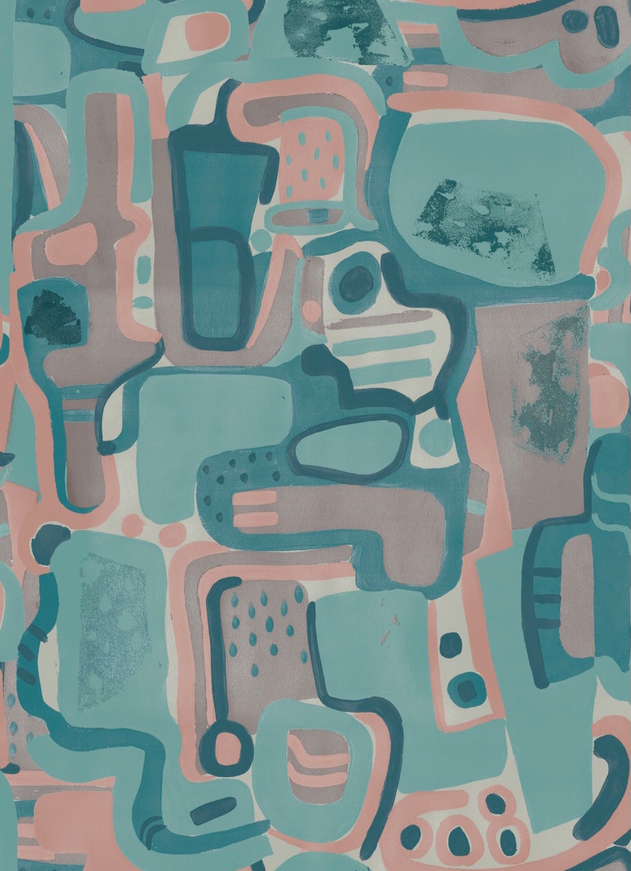 Cubist Jigsaw Wallpaper - Coral + Blue