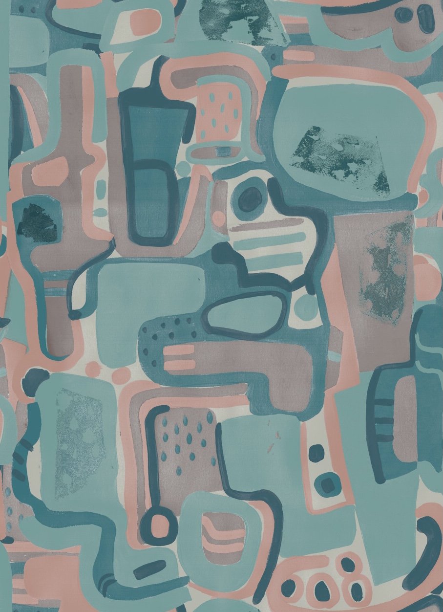 Cubist Jigsaw Wallpaper - Teal + Blush