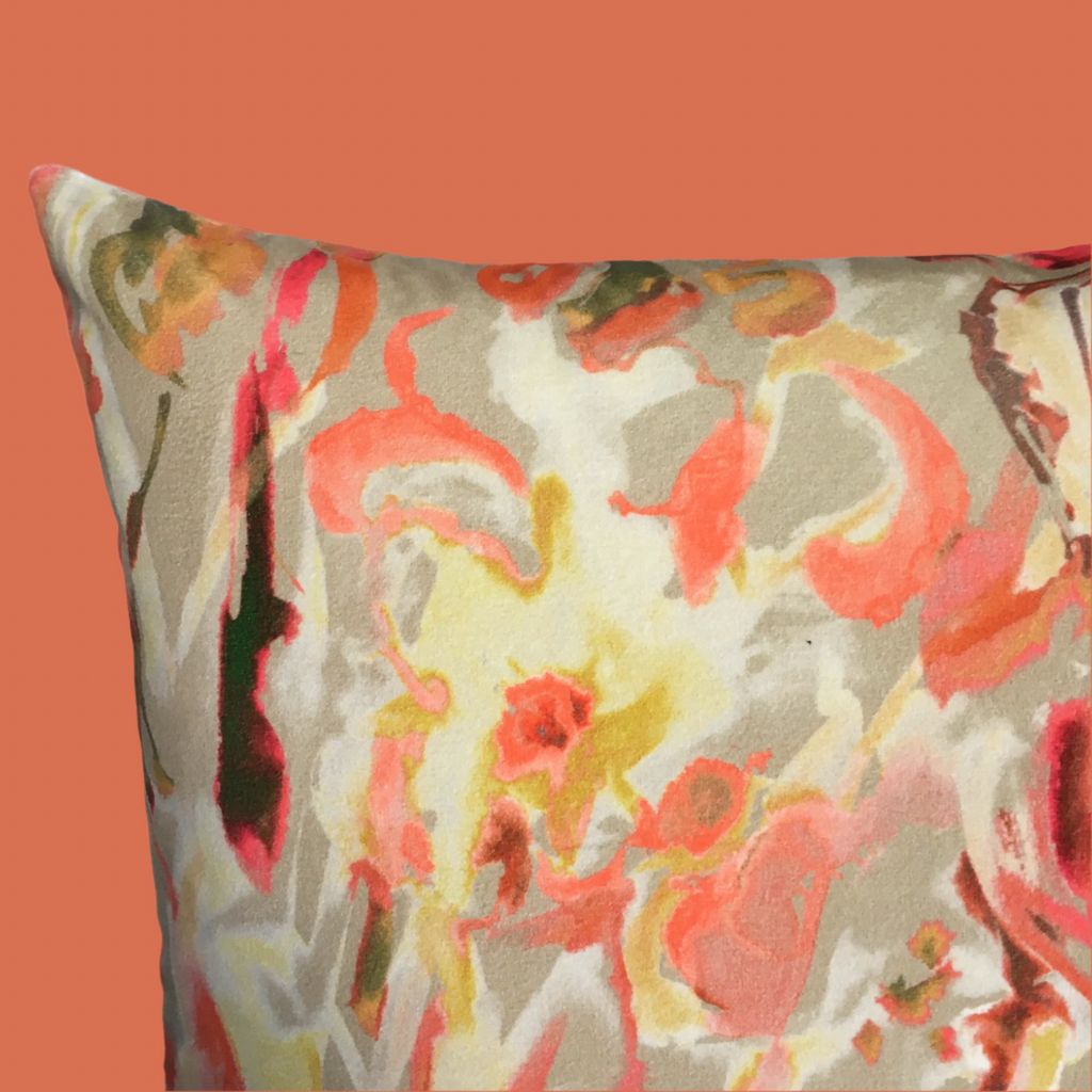 Abstract Floral Velvet Cushion - Vanilla