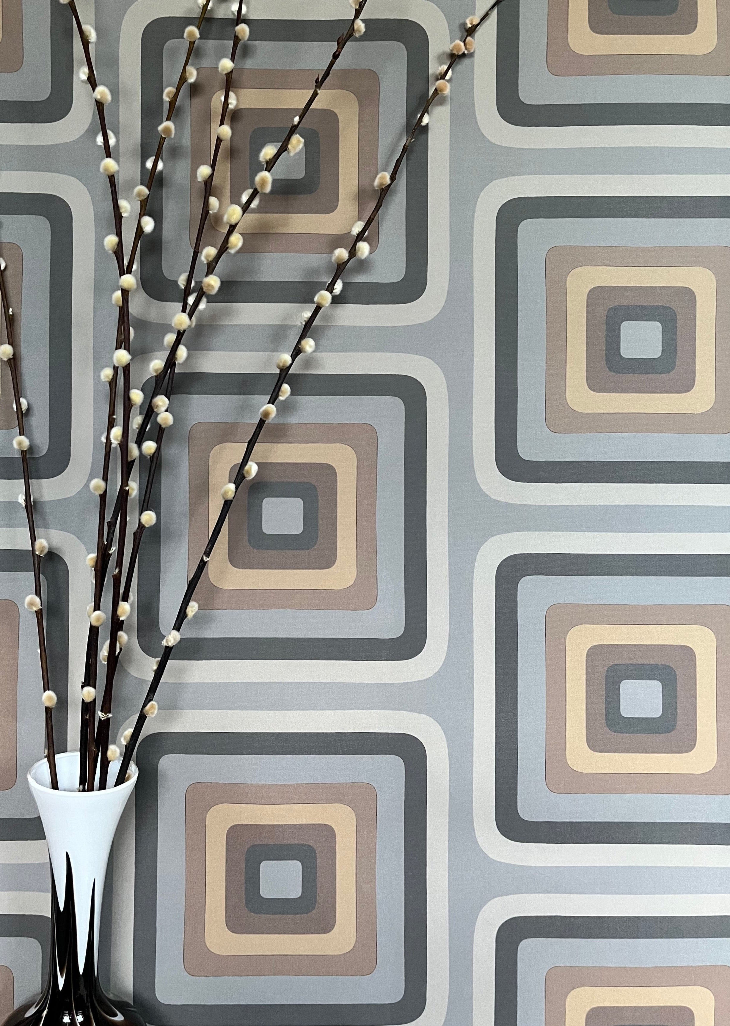 Retro Square Geometric wallpaper - Grey + Tan