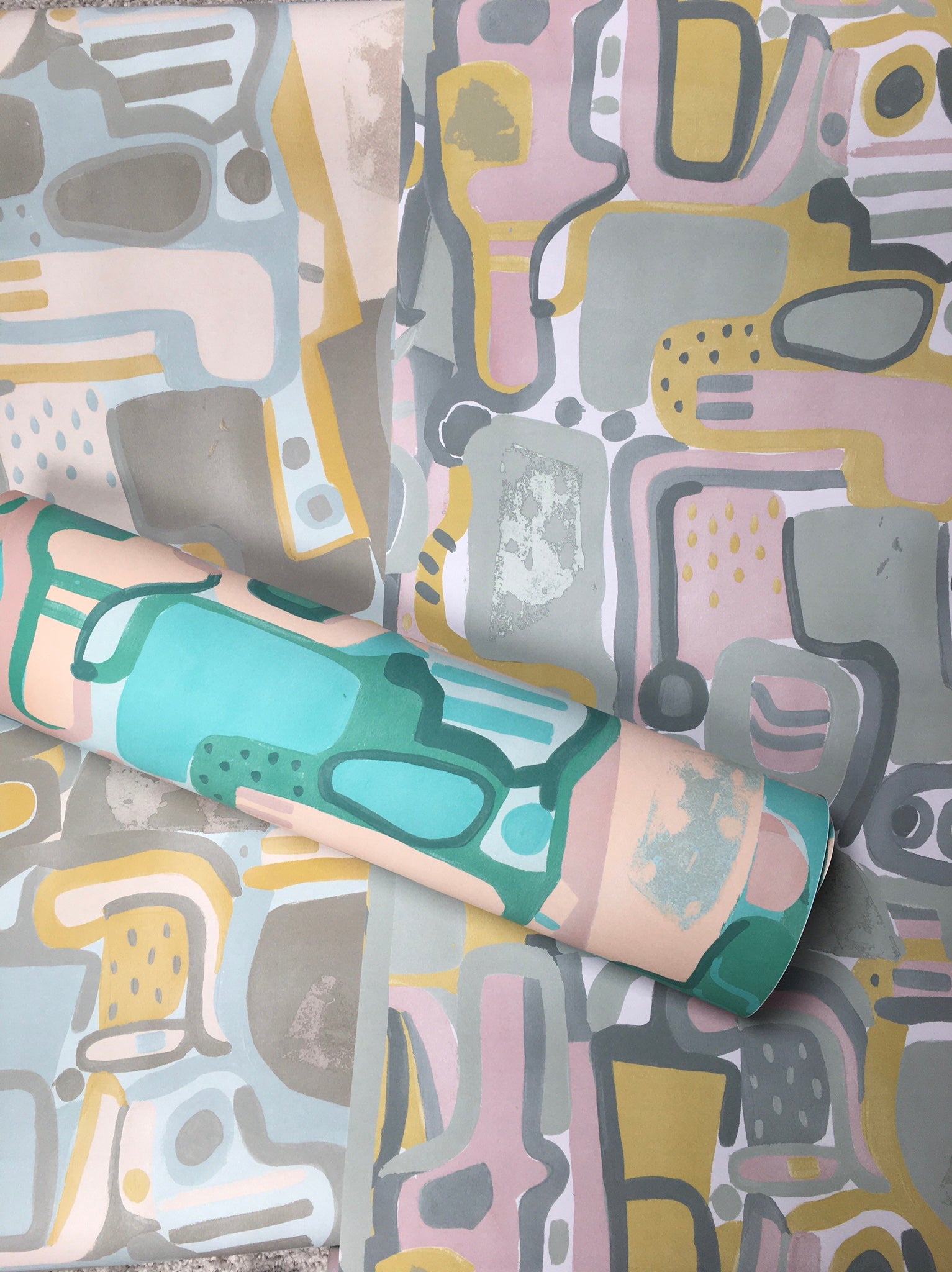 Cubist Jigsaw Wallpaper - Blush + Powder blue