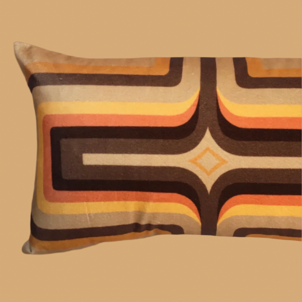 Retro Geometric Velvet Cushion - Tan + Orange