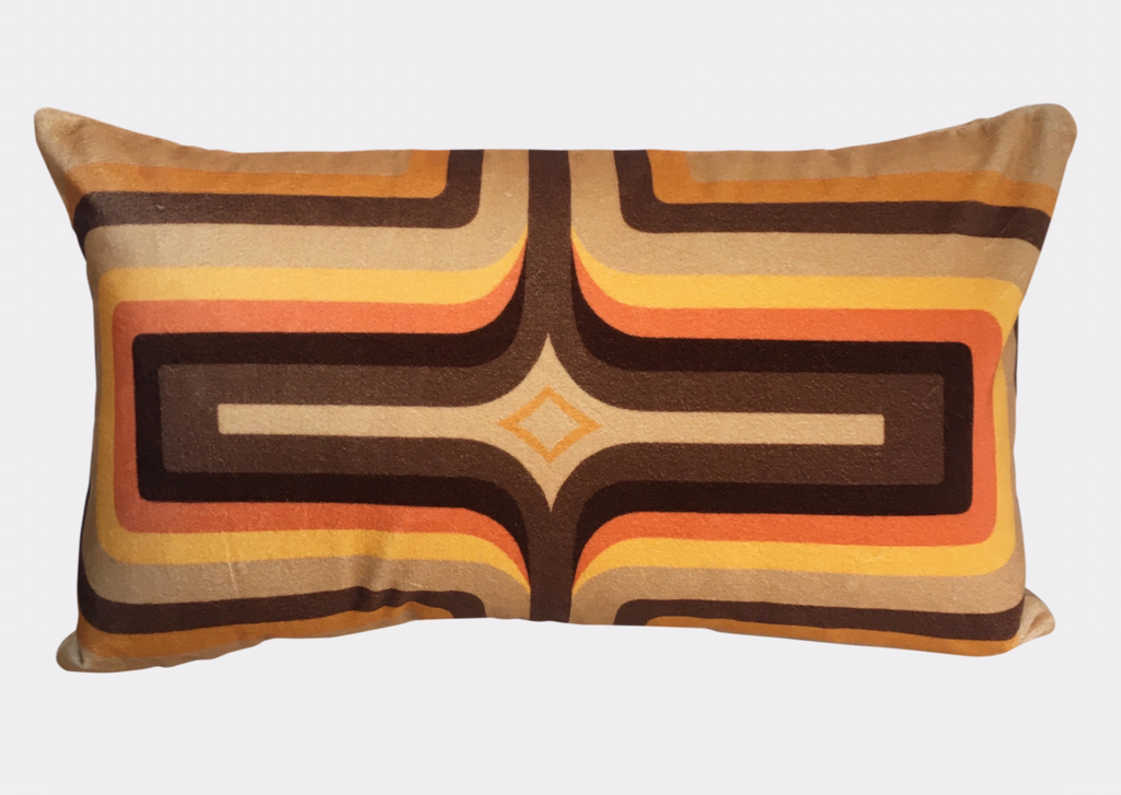 Retro Geometric Velvet Cushion - Tan + Orange