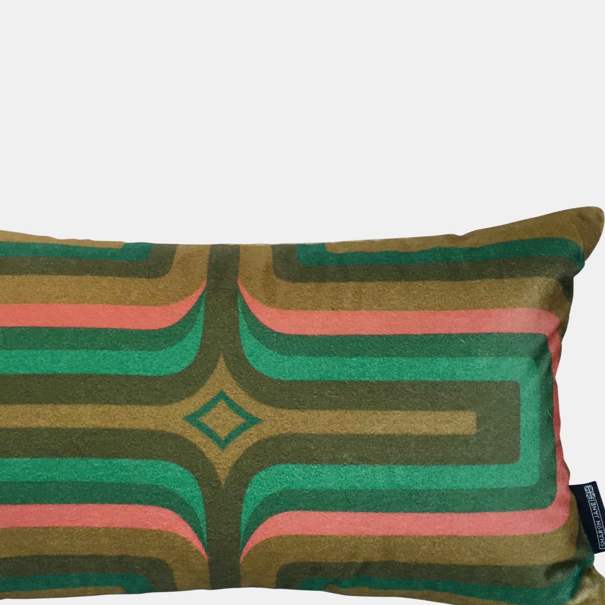 Retro Geometric Velvet Cushion - Olive
