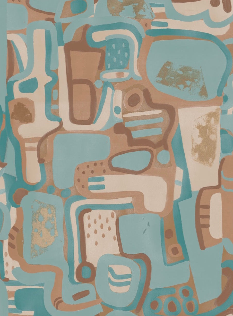 Cubist Jigsaw Wallpaper - Terracotta + Soft turquoise