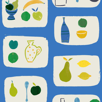 A section of wallpaper with a tile effect design featuring naive fruit illustrations such as bananas, apples, and pears in a blue background.