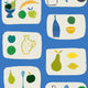 A section of wallpaper with a tile effect design featuring naive fruit illustrations such as bananas, apples, and pears in a blue background.