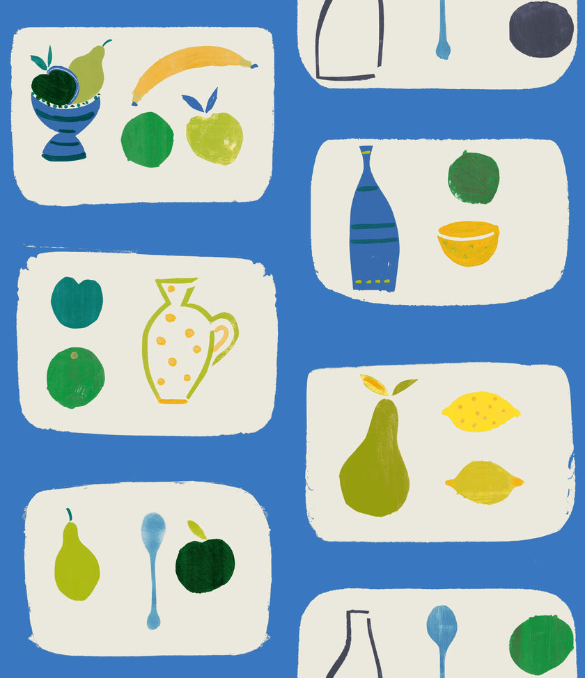 A section of wallpaper with a tile effect design featuring naive fruit illustrations such as bananas, apples, and pears in a blue background.