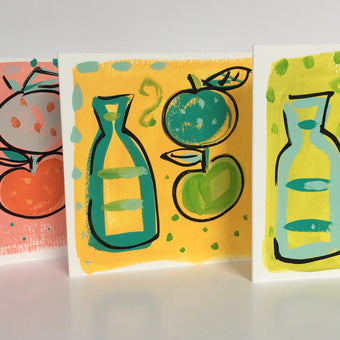 ‘ Bottle + Fruit’ Pink Hand Painted Greetings Card