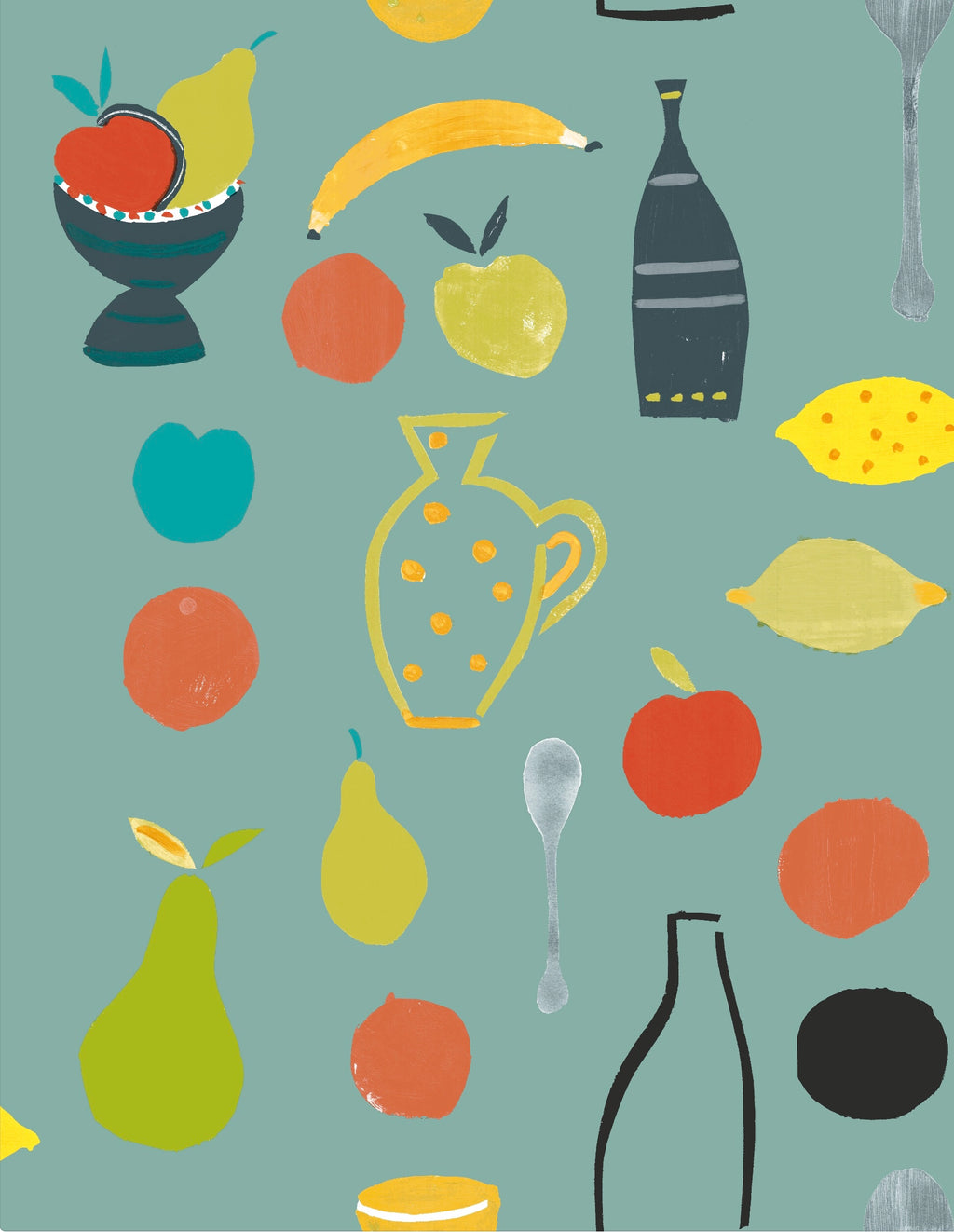 Naive Fruit Motif Wallpaper - Aqua