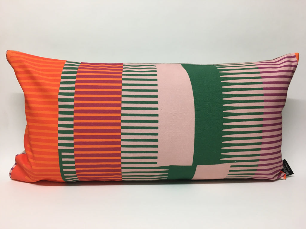 Combed Stripe Cushion - vermilion, green + blush
