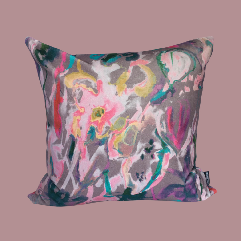 Abstract Floral Velvet Cushion - Greyish / Lilac + Blush