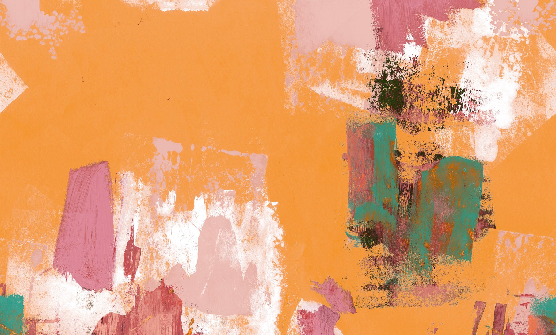 Abstract Painterly Wallpaper- Bright Marigold & Raspberry